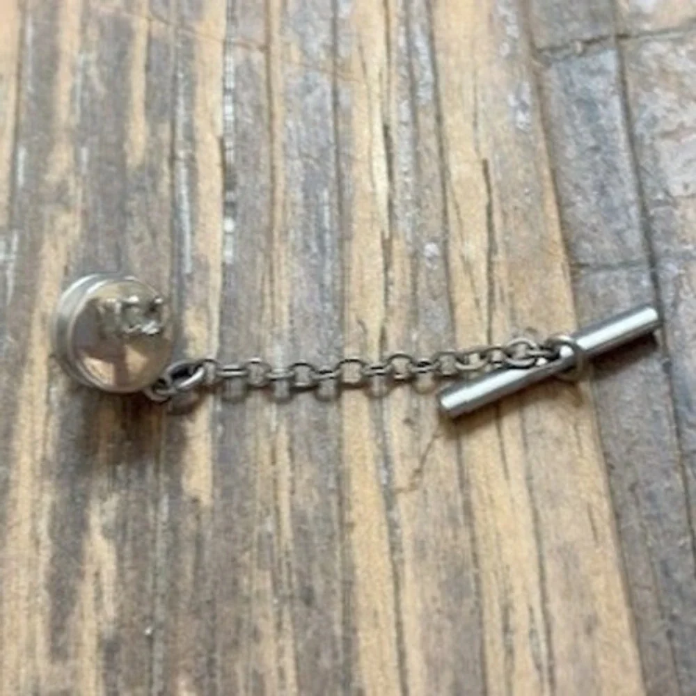 Vtg Silver Tone Rhinestone Tie Tack with Chain and T-Bar Anchor Mens Accessory